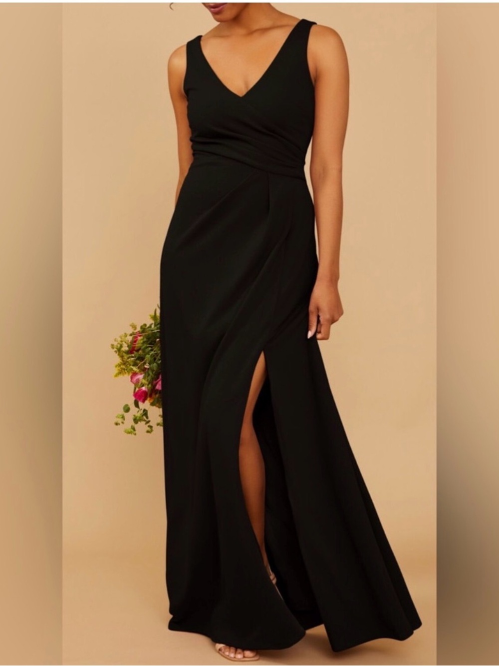 Sleeveless Black V-Neck Wrap Maxi Dress with Side Slit (bridesmaid dress)